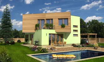 Moderno progetto di casa familiare a più piani con tetto piano.